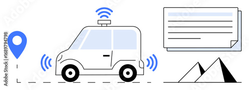 Driverless car with active GPS navigation, wireless signals, location pin, layered data sheets, and mountains. Ideal for technology, innovation, smart transport, automation connectivity future