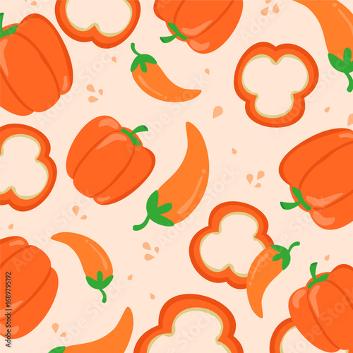 Yellow bell pepper and chilli seamless pattern. Can be used for wallpaper, paper wrapping, fashion fabric, food element