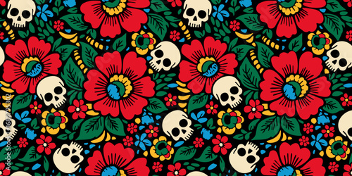 Bright vector seamless pattern with sugar skulls surrounded with flowers. Mexican Day of the Dead
