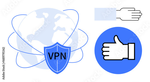 Globe with VPN shield and curved lines symbolizing global security. Hand and thumbs-up icons assure reliability and trust. Ideal for technology, privacy, safety, business, trust-building, app
