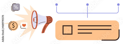 Megaphone amplifying percentage, dollar, and heart icons alongside a card layout connected by nodes. Ideal for marketing, advertising, data analytics, promotion, engagement, communication simple