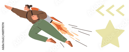 Person wearing a jetpack propelling forward towards a yellow star, symbolizing aim, progress, achievement. Ideal for motivation, goals, innovation, leadership aspiration personal growth. Simple