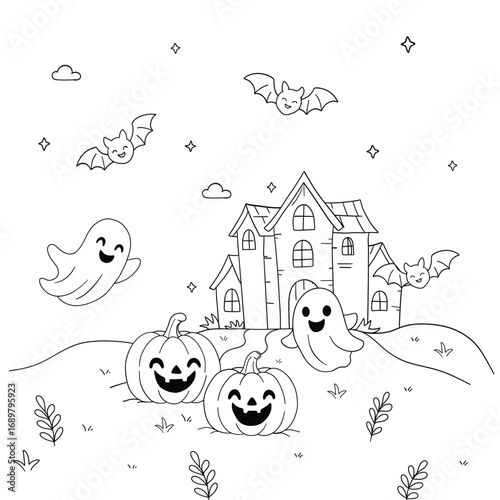 Halloween coloring page with a haunted house, pumpkins, ghosts, and bats. Fun spooky line art illustration for adults and kids. Vector outline.