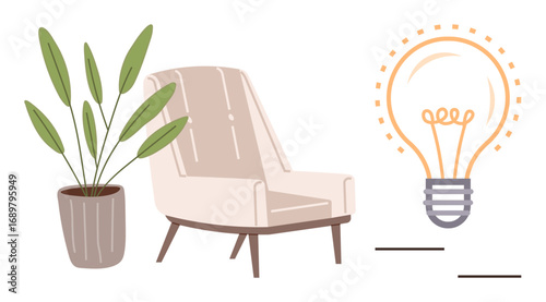 Beige armchair beside green potted plant and large glowing light bulb radiating warmth and creativity. Ideal for comfort, home decor, relaxation, lifestyle, innovation, inspiration, simple flat