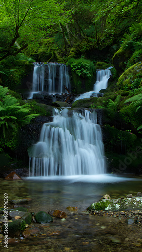 Lush green forest waterfall with mossy rocks and clear stream nature