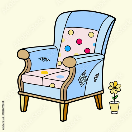 Comfortable cartoon armchair with floral accents and a potted flower, perfect for home decor and interior design projects, creating a cozy atmosphere.