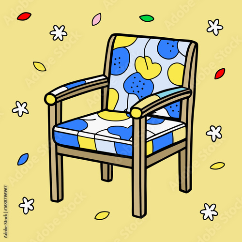 Whimsical cartoon armchair with blue and yellow floral pattern and scattered leaves, perfect for adding a touch of joy to any space