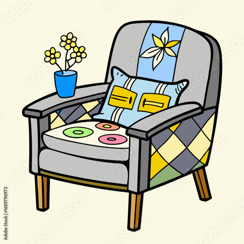 Stylish armchair with decorative pillow and flowers creates a vibrant and inviting living space perfect for relaxation and home decor inspiration