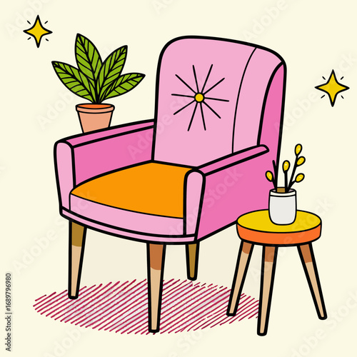 Cozy pink armchair with a floral design, potted plant, and a side table creates a comfortable, stylish, and inviting living room atmosphere ready for relaxation