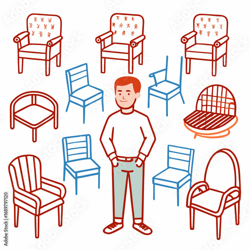 Man surrounded by various chair designs, perfect for interior design, furniture catalogs, or showcasing seating options in a modern setting