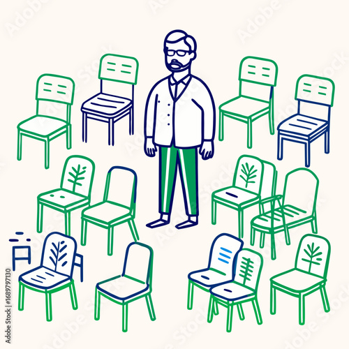 A professional man surrounded by chairs, ready for a meeting, interview or presentation, a modern stylish design great for business and marketing content
