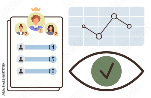 Leaderboard with numbered profiles, crown for top rank, line chart with data points, and green-ticked eye. Ideal for analytics, ranking systems, performance insights, data tracking, team management