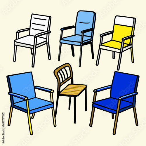 Collection of colorful, modern chairs with unique designs perfect for interior design, home decor, or commercial projects, offering stylish seating options