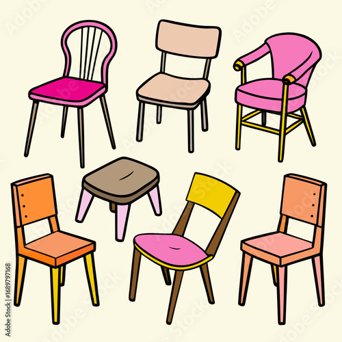 Collection of vibrant, stylish chairs in a playful, modern design, perfect for interior design projects, home decor, and creative marketing campaigns