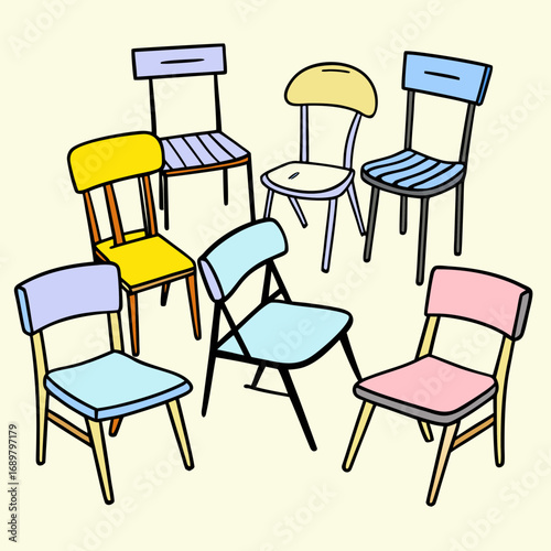 Colorful cartoon chairs arranged in a circle, perfect for brainstorming, meetings, or creative gatherings with a modern, playful vibe