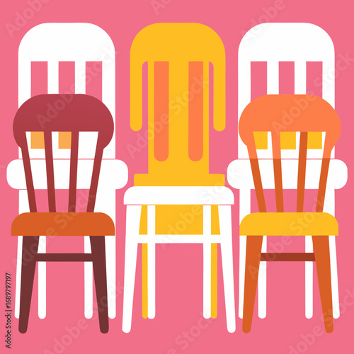 Colorful modern chairs arranged on a pink background, perfect for interior design projects, adding visual interest and creative flair to your designs.