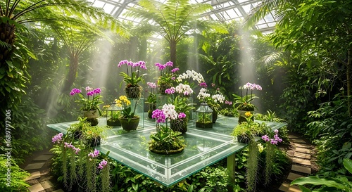 Orchid exhibition amidst radiant sunbeams in tropical conservatory