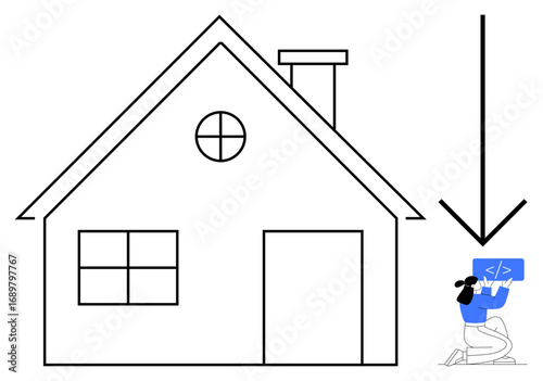 House with windows, chimney, and coder holding a laptop featuring code. Ideal for real estate, remote work, coding, freelancing, digital nomadism, software development simple landing page