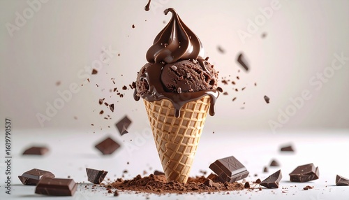 Chocolate Ice Cream Cone with Splashing Chunks