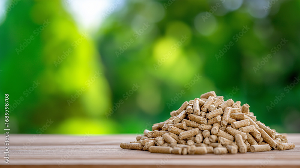 Obraz premium Small heap of eco-friendly wood pellets placed on a wooden surface with a green forest background. 