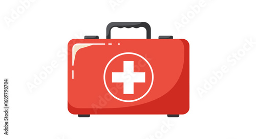 Red first aid kit with white cross on a white background.