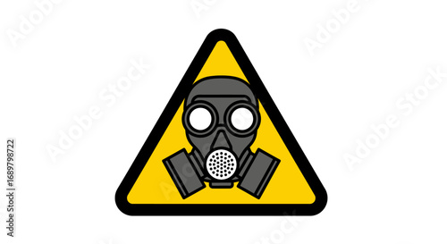 Warning sign with gas mask on yellow triangle, indicating danger.