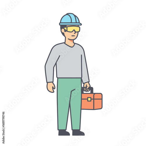 Illustration of a construction worker with a toolbox, wearing a hard hat and safety glasses.