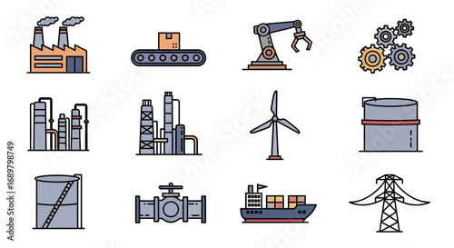 Industry icons: factories, machines, energy, and transportation.