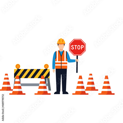 Construction worker holding stop sign surrounded by cones and barrier.