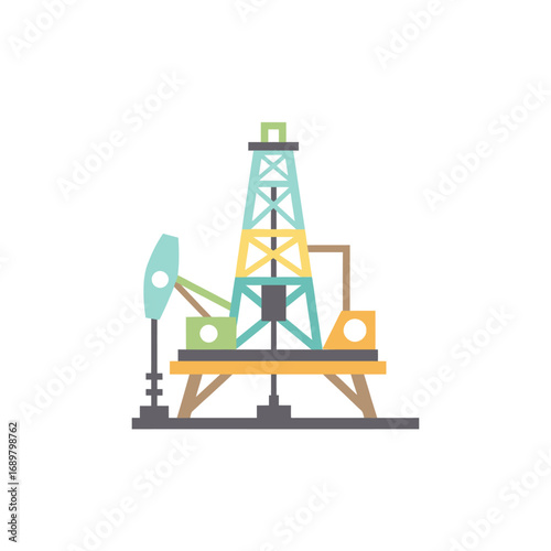 Illustration of an oil rig with a pumpjack and a derrick.