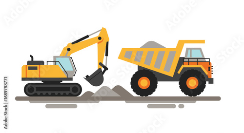 Illustration of an excavator loading a dump truck with dirt at a construction site.