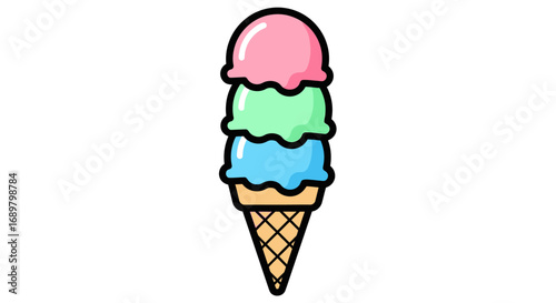 Illustration of a triple scoop ice cream cone with pink, green, and blue scoops.