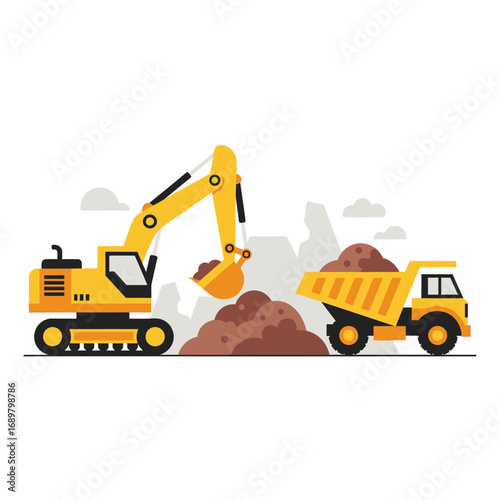 Illustration of an excavator loading soil into a dump truck at a construction site.