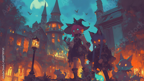 Abandoned Halloween Town glowing windows spook