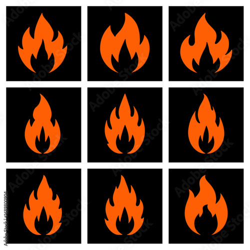 Collection of nine stylized orange fire icons on a black background