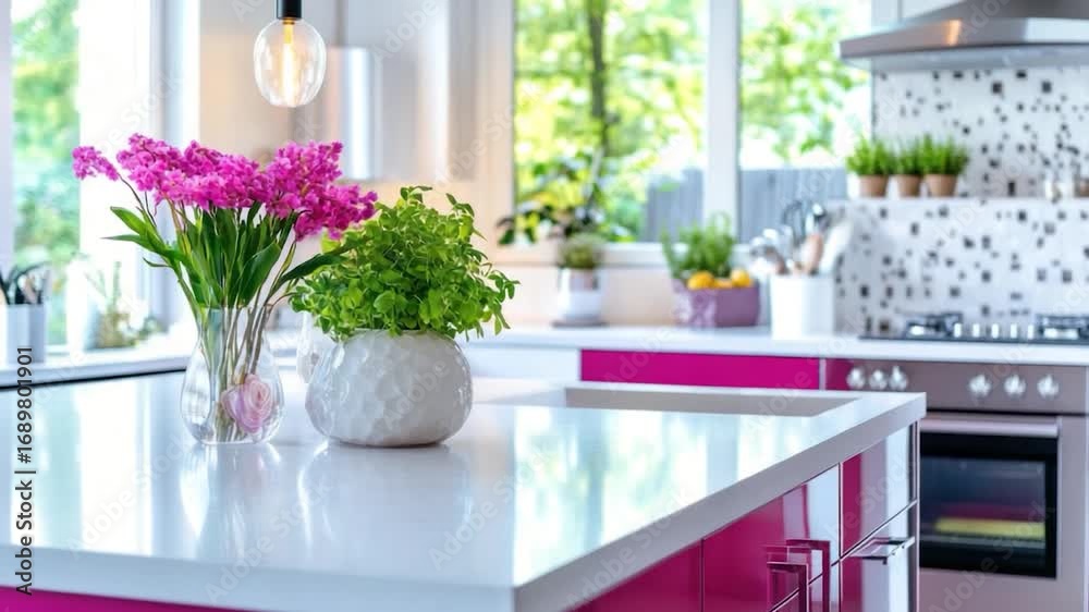 custom made wallpaper toronto digitalPink kitchen island with flowers and plants