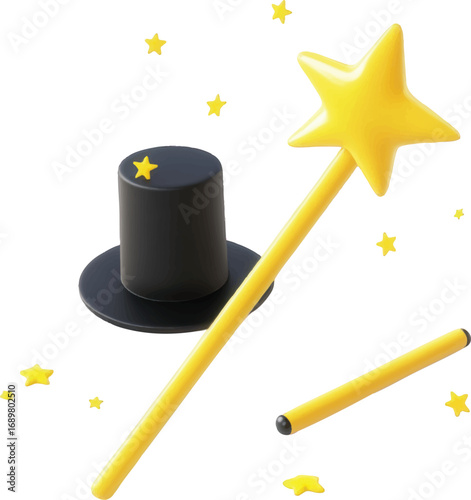 Magic Hat Wand and Stars on White Background Keywords: magic, hat, wand, stars, yellow, black