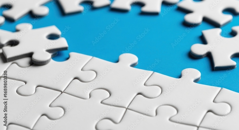 Obraz premium Business Solution Concept: White Puzzle Pieces on a Bright Blue Background with Copy Space