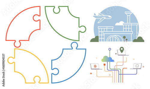 Interconnected puzzle pieces, airport terminal, airplane, and digital network wires linking laptops and location pin. Ideal for teamwork, travel, technology, logistics, connectivity innovation
