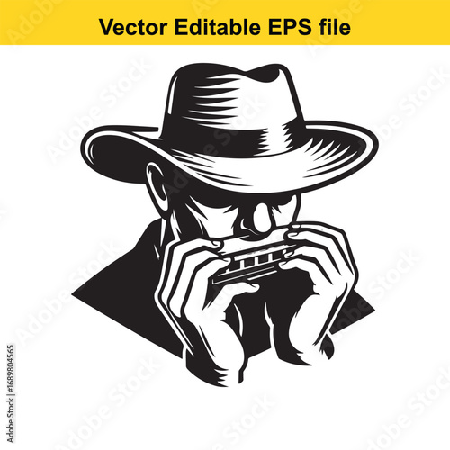 Man wearing a cowboy hat playing a harmonica, isolated on white background