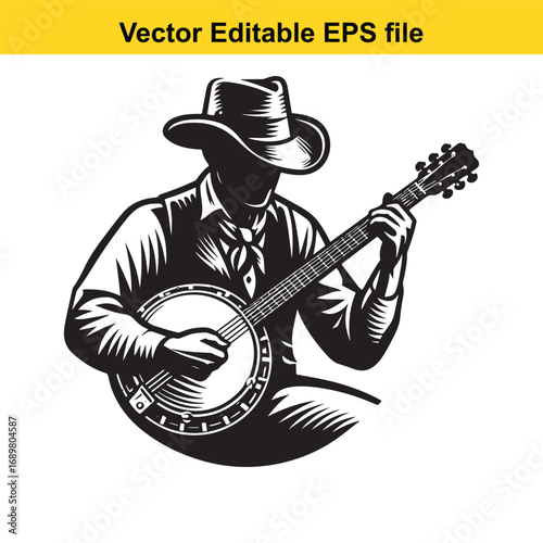 Silhouette of a cowboy playing banjo isolated on white background