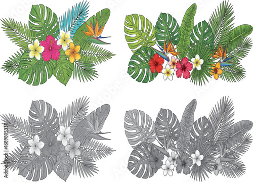 Vibrant tropical floral arrangements with lush greenery and colorful exotic flowers in two color and two monochrome versions