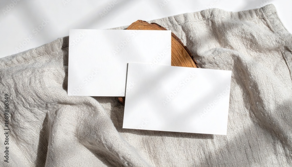Fototapeta premium Blank Business Cards Mockup on Linen Cloth with Window Light Shadow