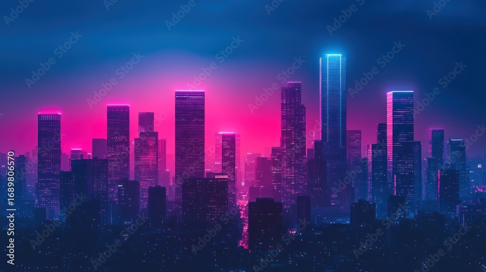 Fototapeta premium Neon cityscape at twilight. Vivid pink and blue light illuminates towering buildings