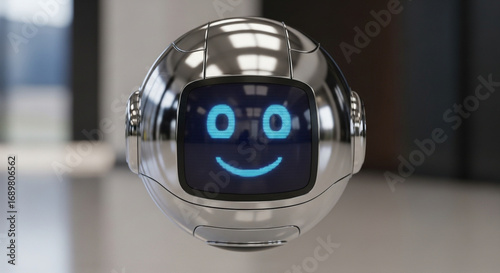 A Friendly Chrome Robot with a Smiling Face Display: Futuristic Technology and Artificial Intelligence