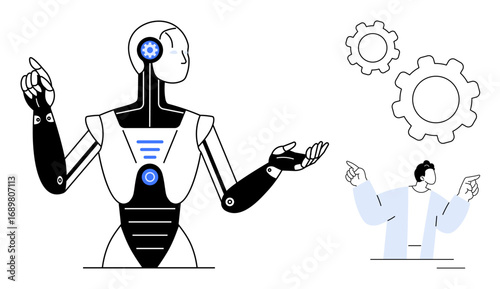 Robot gesturing alongside a human with gears, symbolizing collaboration, innovation, technology, AI, automation, teamwork, and problem-solving. Ideal for tech concepts AI integration innovation