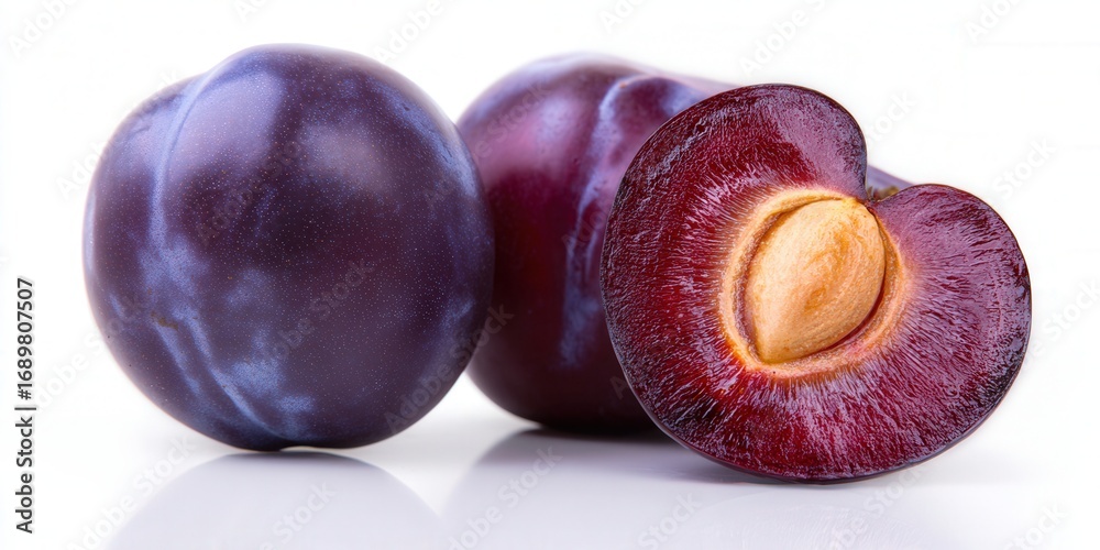 Fototapeta premium Three fresh plums, one of them cut open, showcase the fruit's vibrant colors.