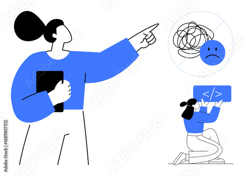 Woman pointing at frustrated expression and tangled lines, colleague kneeling with code display. Ideal for teamwork, problem resolution, technology, education, communication, collaboration, simple