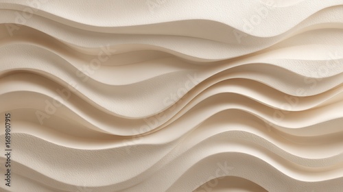 Top view studio photo of abstract beige and cream textured surface forming 3D wave relief, neutral minimal background, soft diffused daylight, copy space for text, fine detail