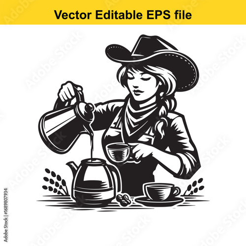 Cowgirl pouring coffee into a cup, isolated on white background